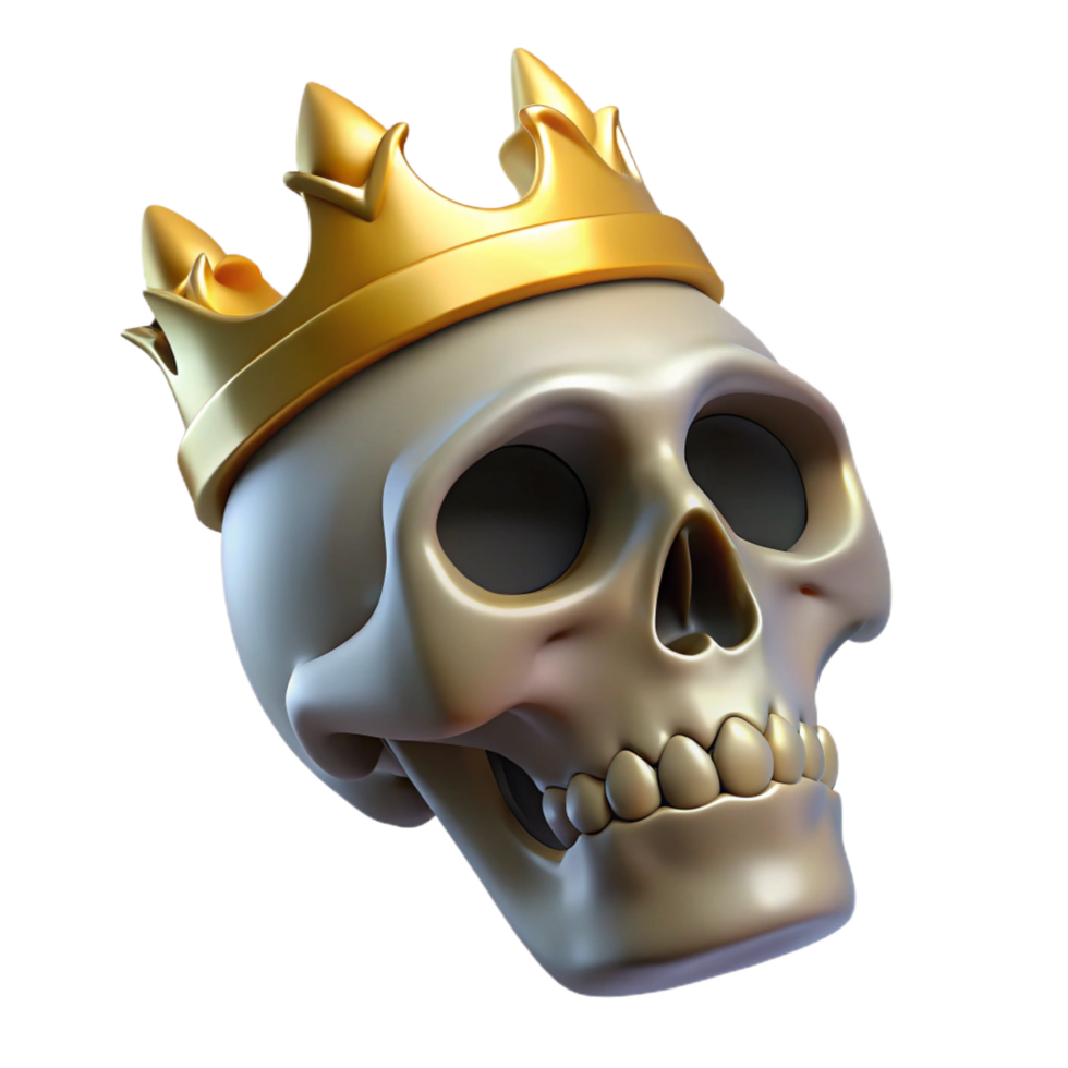 notable surreal Realistic human skull, wearing a golden crown, NO BACKGROUND with Transparent Background. exclusive png