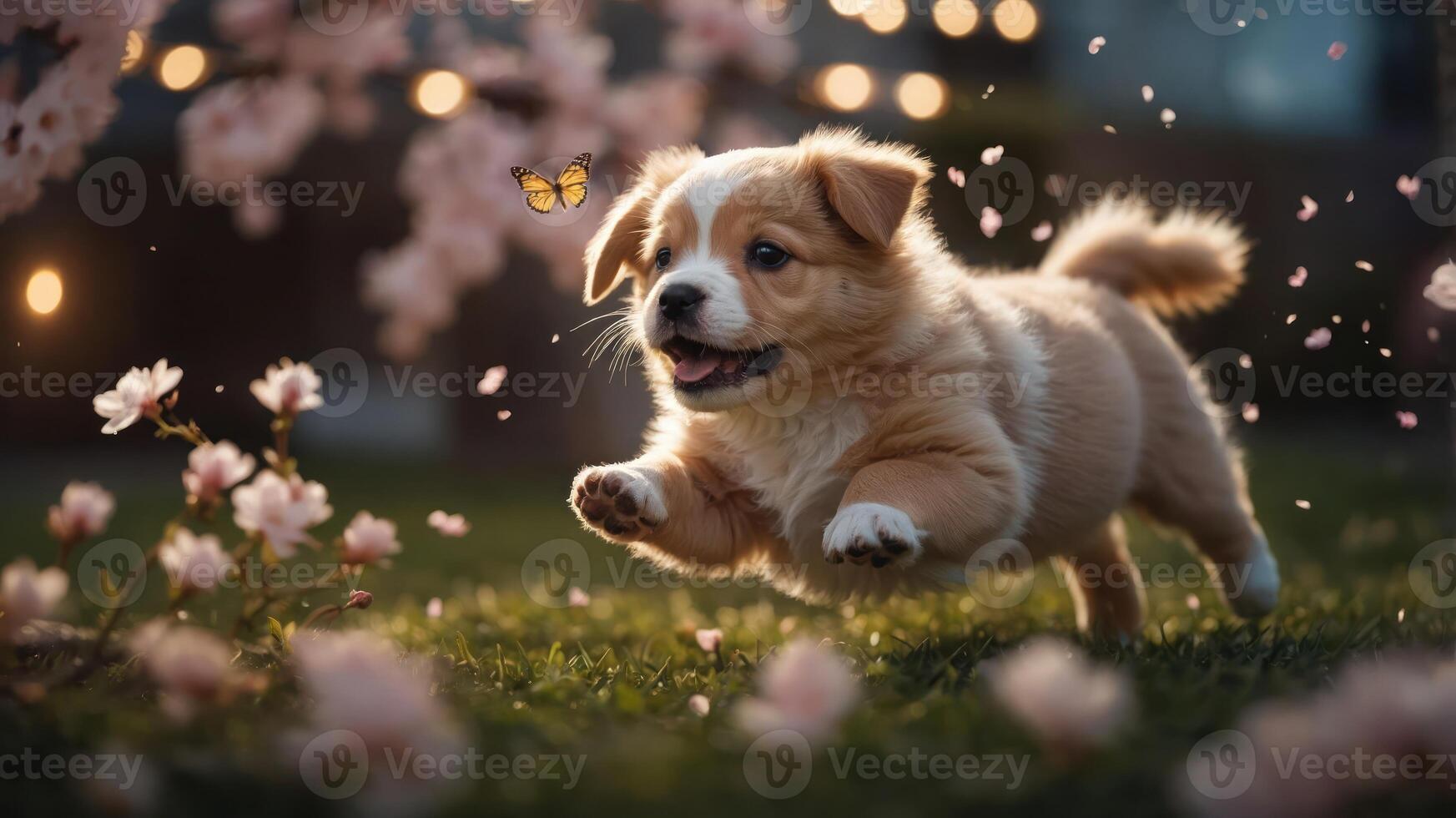 A playful puppy leaps through a field of flowers, chasing a butterfly in a joyful moment. photo