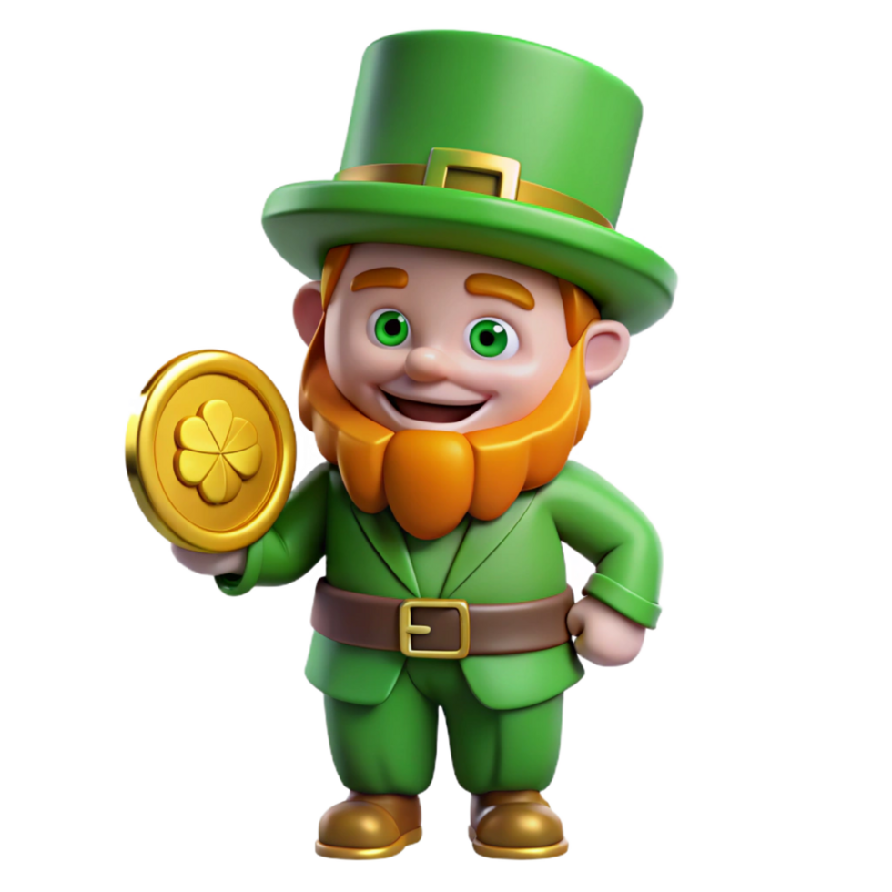 bold immaculate A Leprechaun, small, bearded man in green, holding a gold coin, NO BACKGROUND with Transparent Background. handcrafted png