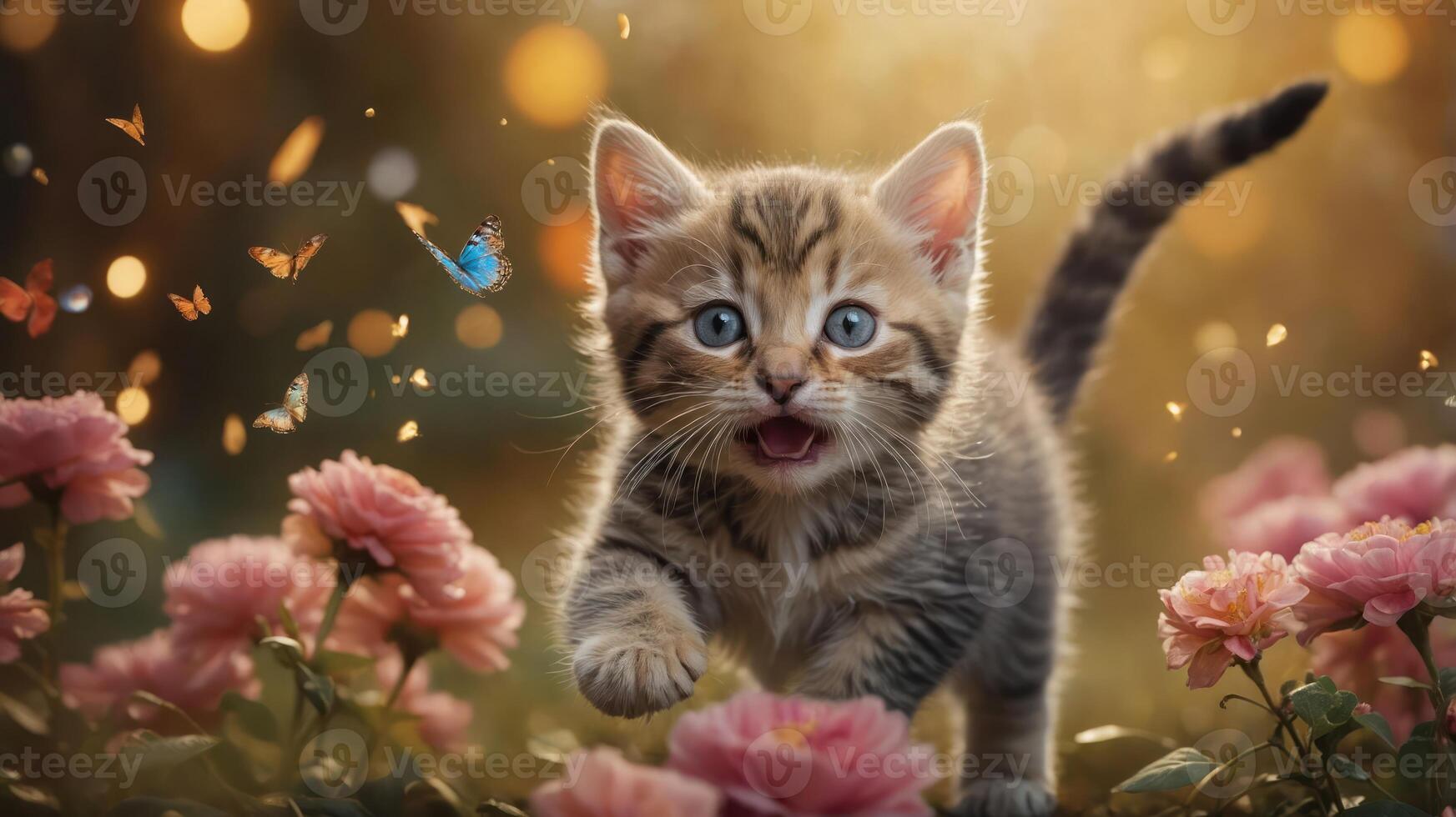 A playful kitten surrounded by flowers and butterflies in a magical setting. photo
