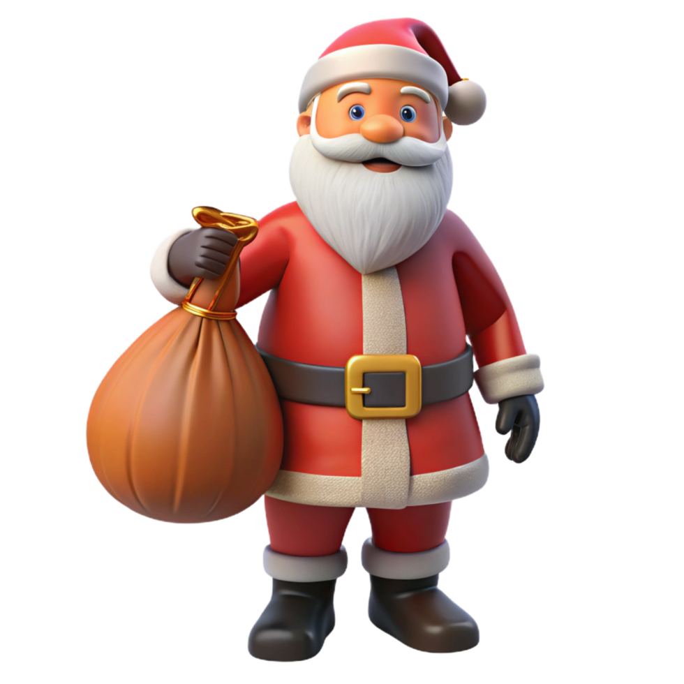 magnificent geometric Santa Claus, holding sack of presents, NO BACKGROUND with Transparent Background. detailed png
