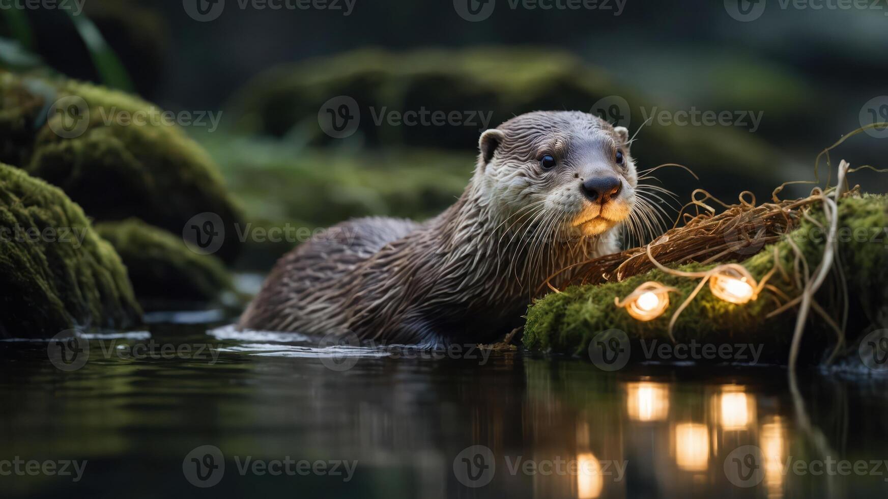 An otter in a serene environment, illuminated by soft lights among mossy rocks. photo