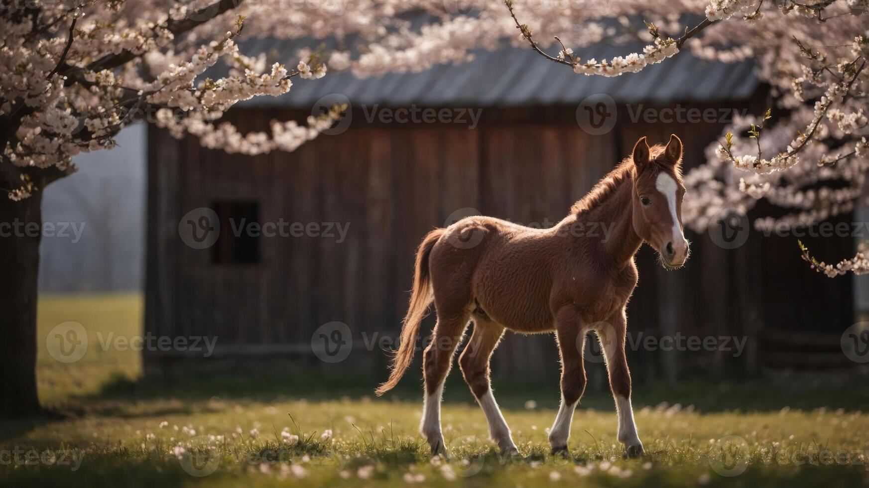 A young horse stands gracefully in a blossoming landscape near a rustic barn. photo