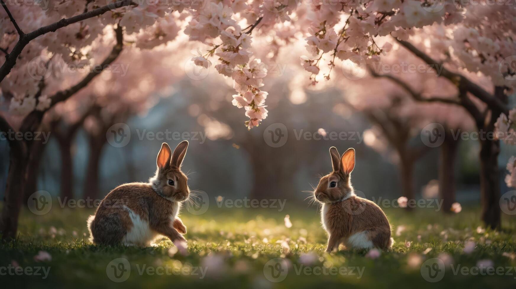 Two rabbits sit beneath blooming cherry blossom trees in a serene, picturesque setting. photo