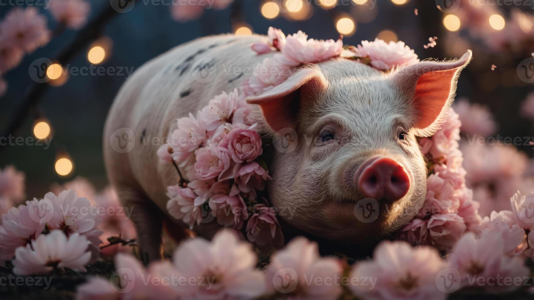A pig adorned with flowers, surrounded by blossoms and lights, creating a whimsical scene. photo