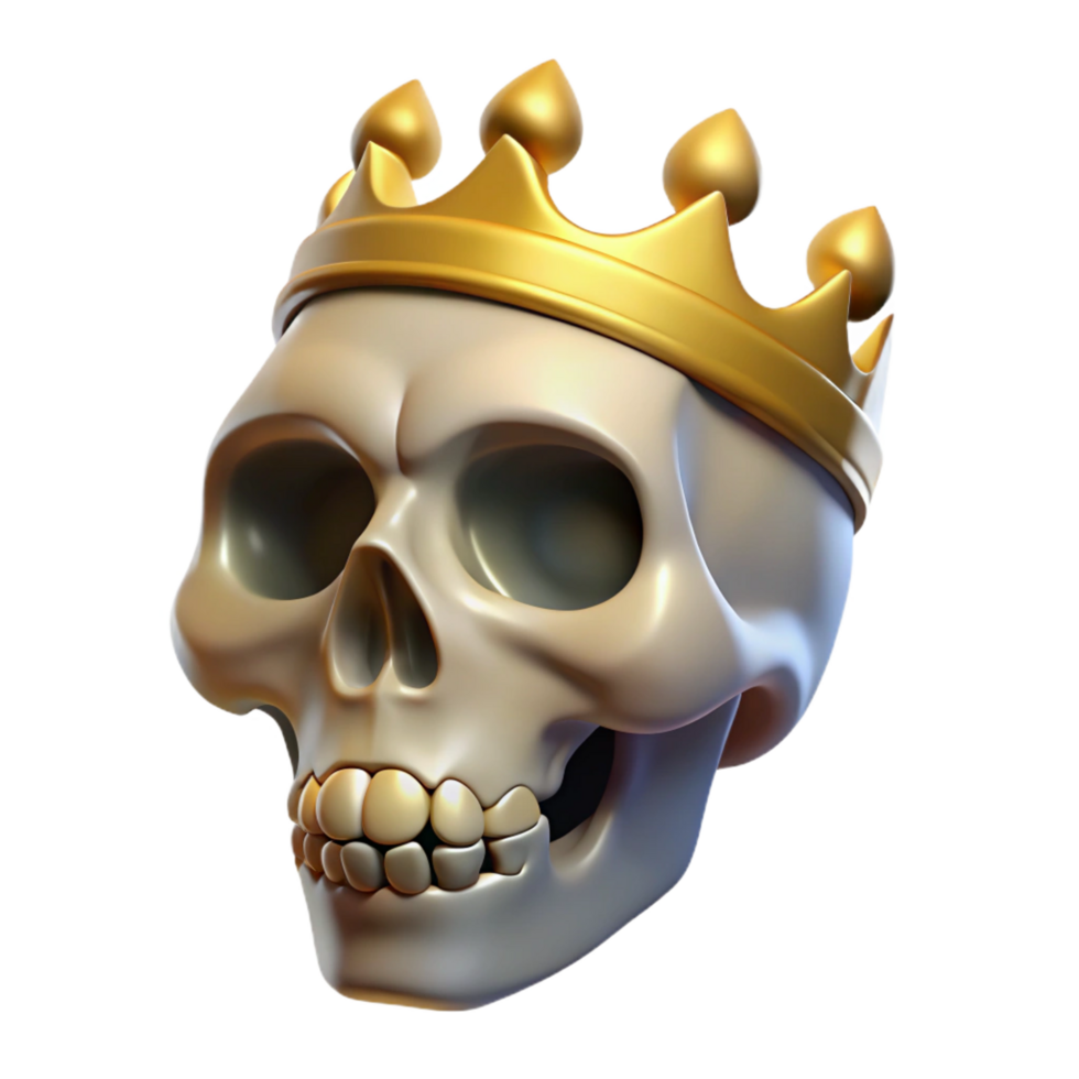 nostalgic glorious Realistic human skull, wearing a golden crown, NO BACKGROUND with Transparent Background. 4K png