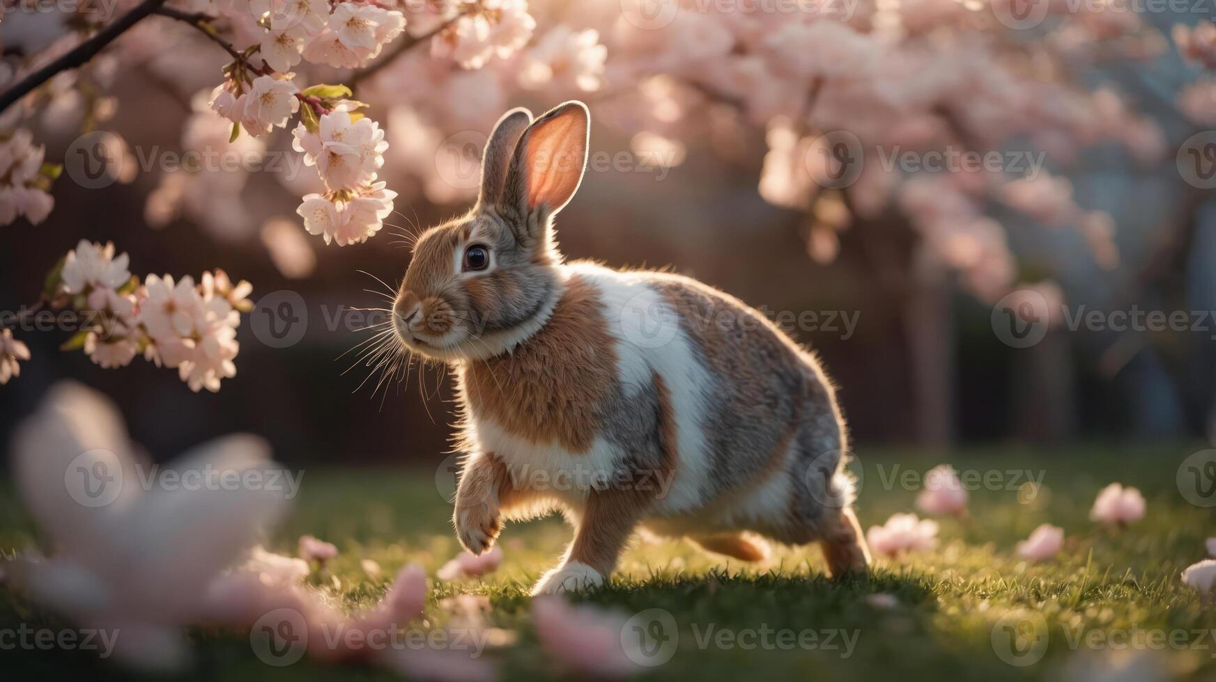 A rabbit hopping among cherry blossoms in a serene spring setting. photo