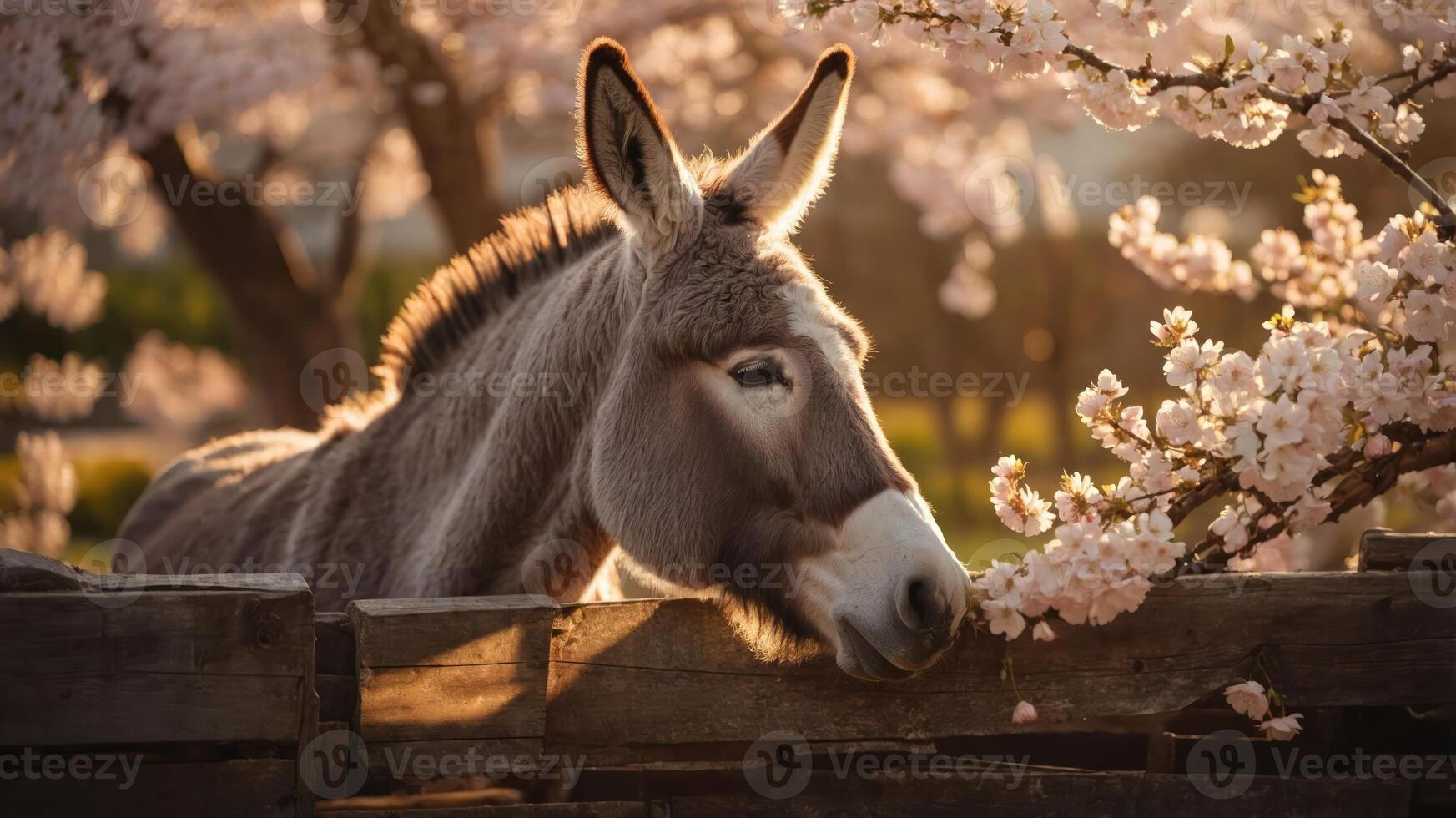 A donkey resting by a wooden fence amidst blooming cherry blossoms at sunset. photo