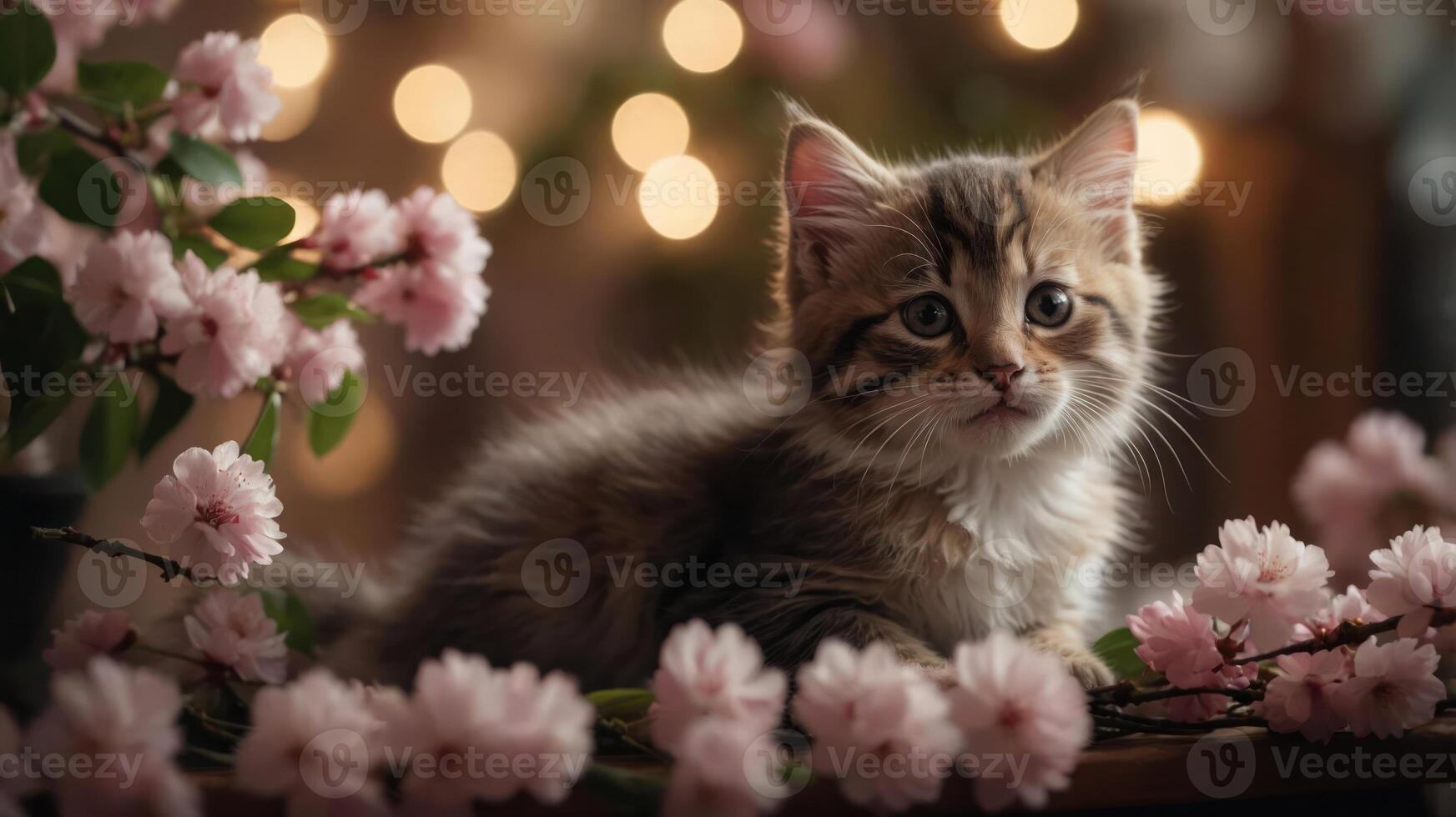 A cute kitten surrounded by pink flowers and soft bokeh lights, creating a serene atmosphere. photo