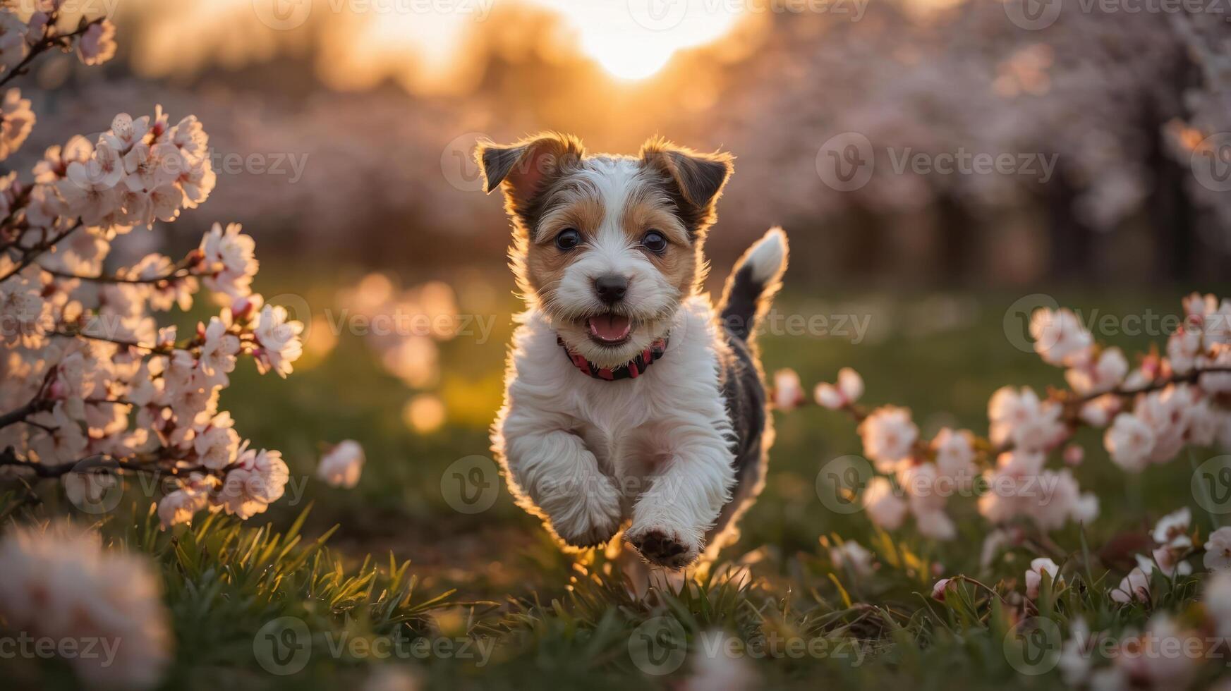 A playful puppy runs joyfully through a blossoming field during sunset. photo