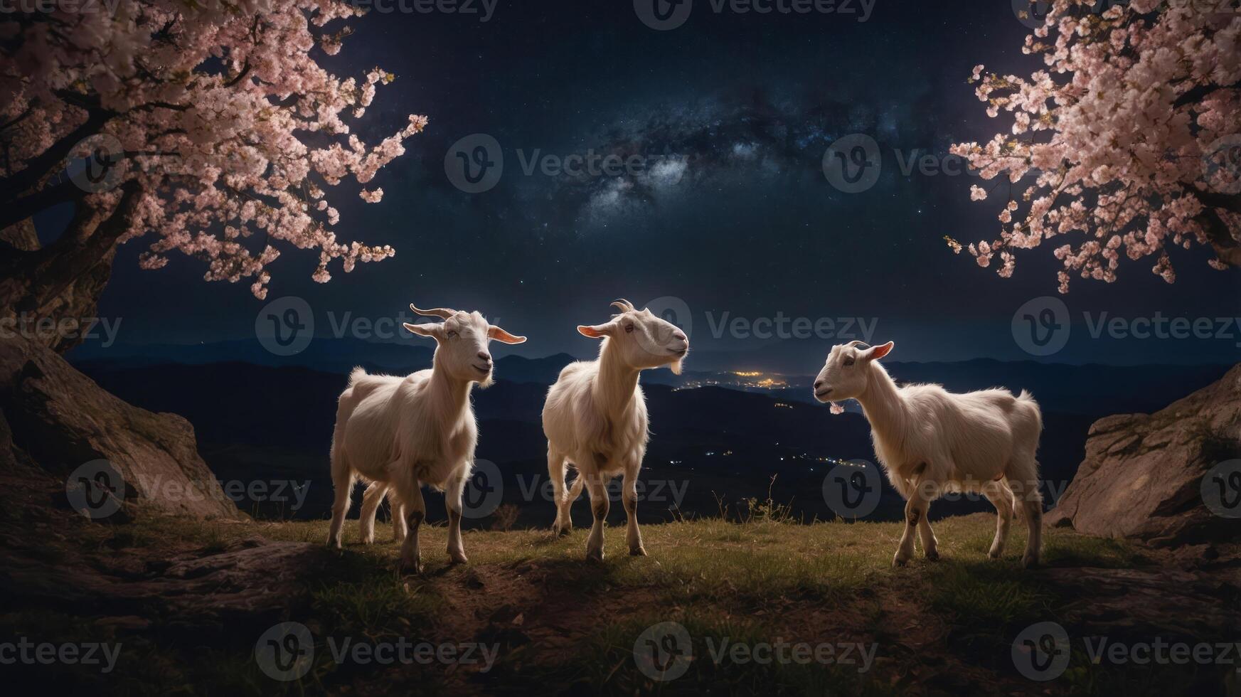 Three goats under cherry blossom trees with a starry night sky backdrop. photo