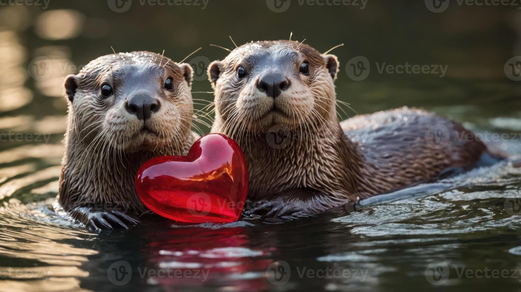 Two otters playfully holding a red heart-shaped object in a serene water setting. photo