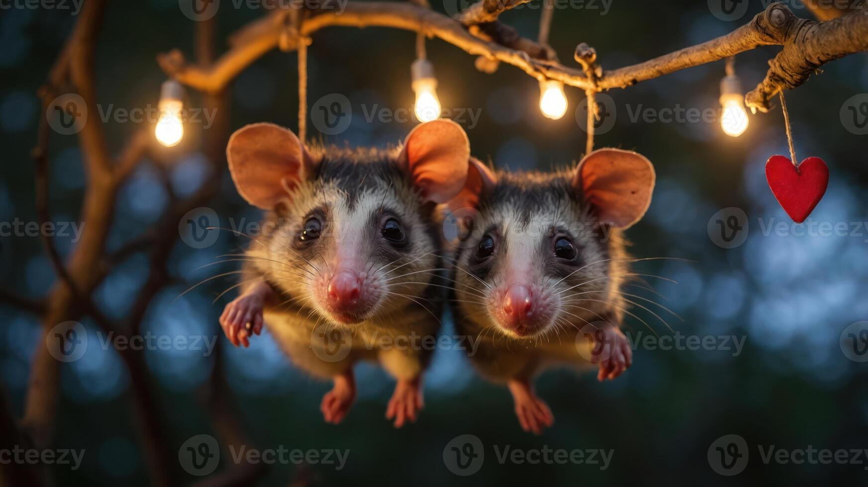 Two adorable possums hanging from a branch with lights and a heart decoration. photo