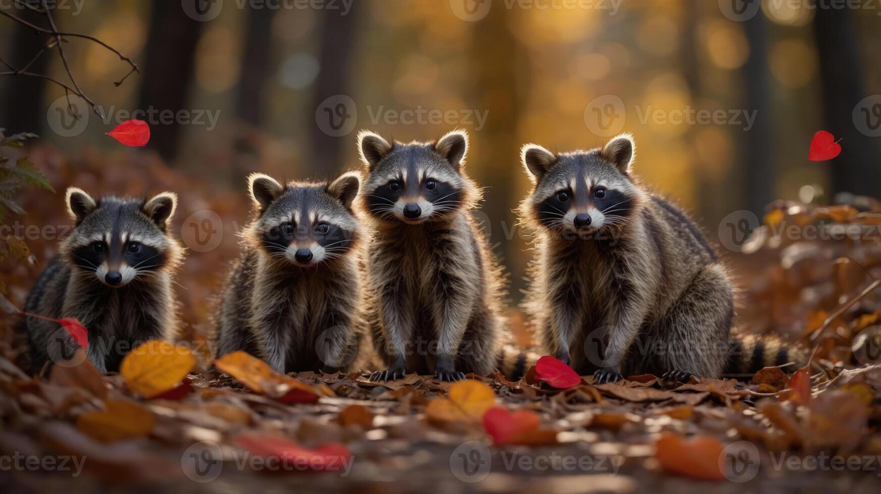Four raccoons stand together on a forest path covered in autumn leaves. photo