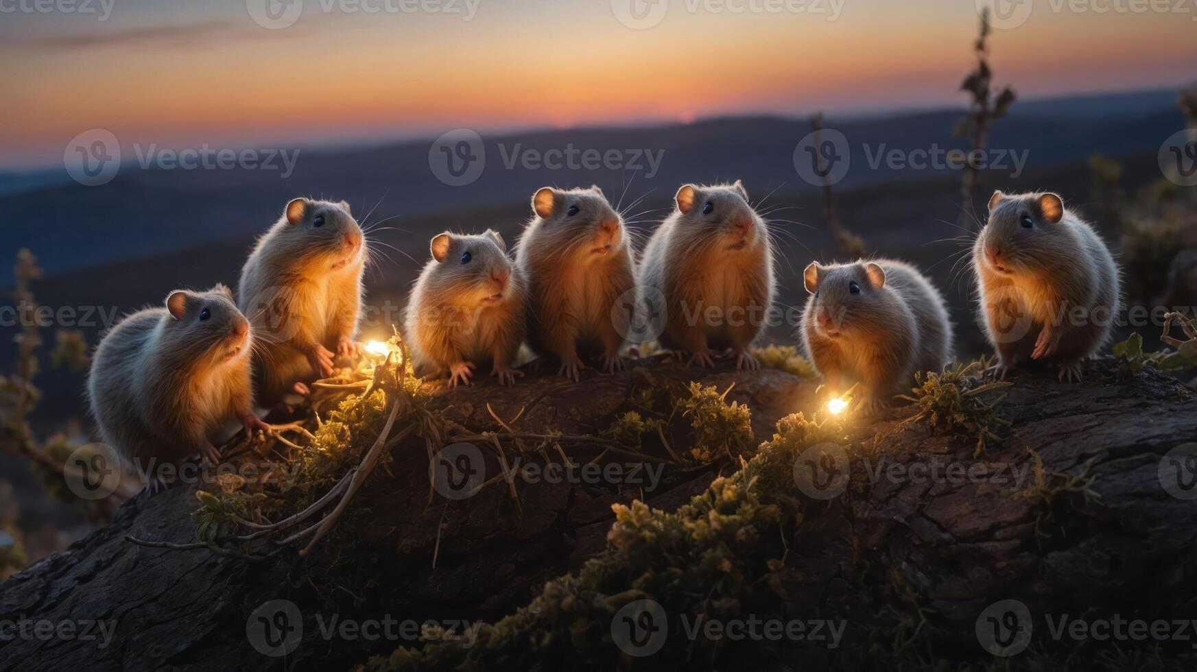 A group of small, furry creatures gathered on a log at sunset, illuminated by tiny lights. photo
