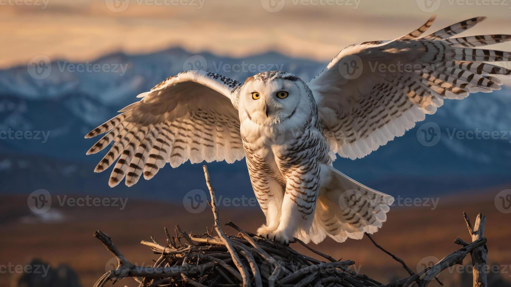 A majestic snowy owl spreads its wings on a nest against a mountainous backdrop. photo