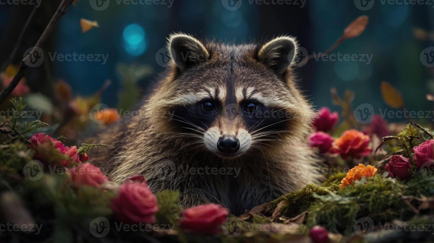 A raccoon surrounded by colorful flowers in a serene forest setting. photo
