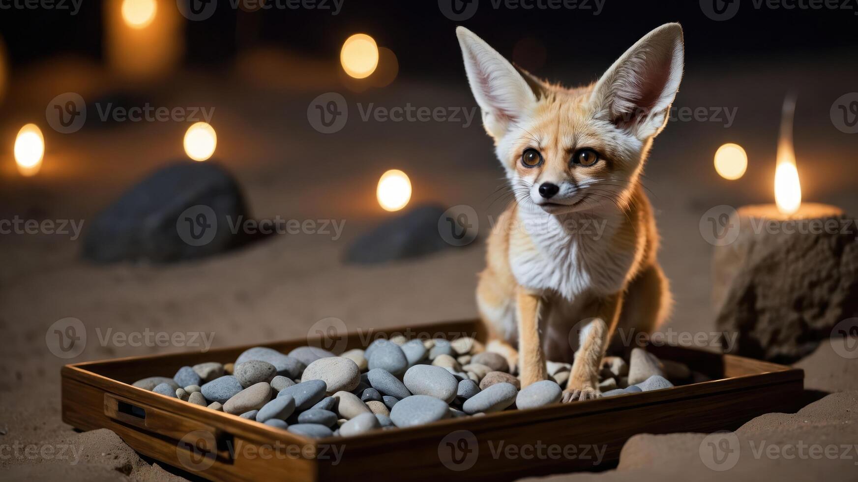 A fennec fox sits on pebbles surrounded by candles, creating a serene atmosphere. photo