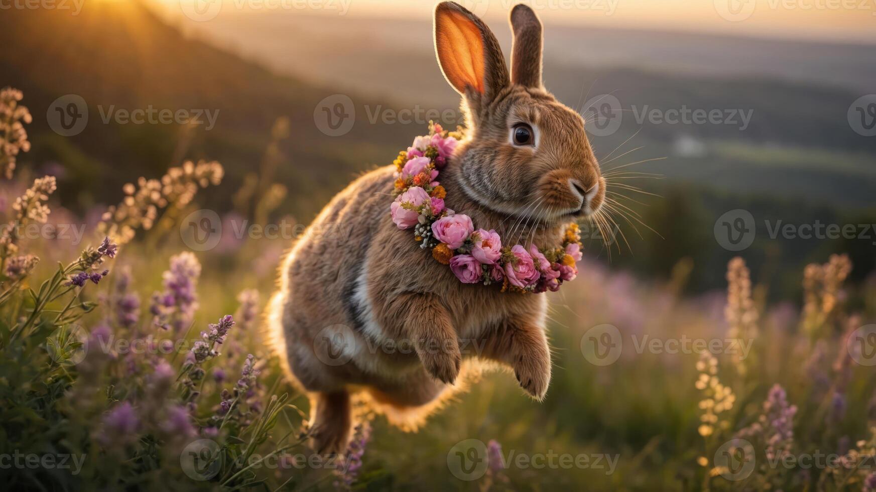A playful rabbit adorned with a floral crown leaps through a field at sunset. photo