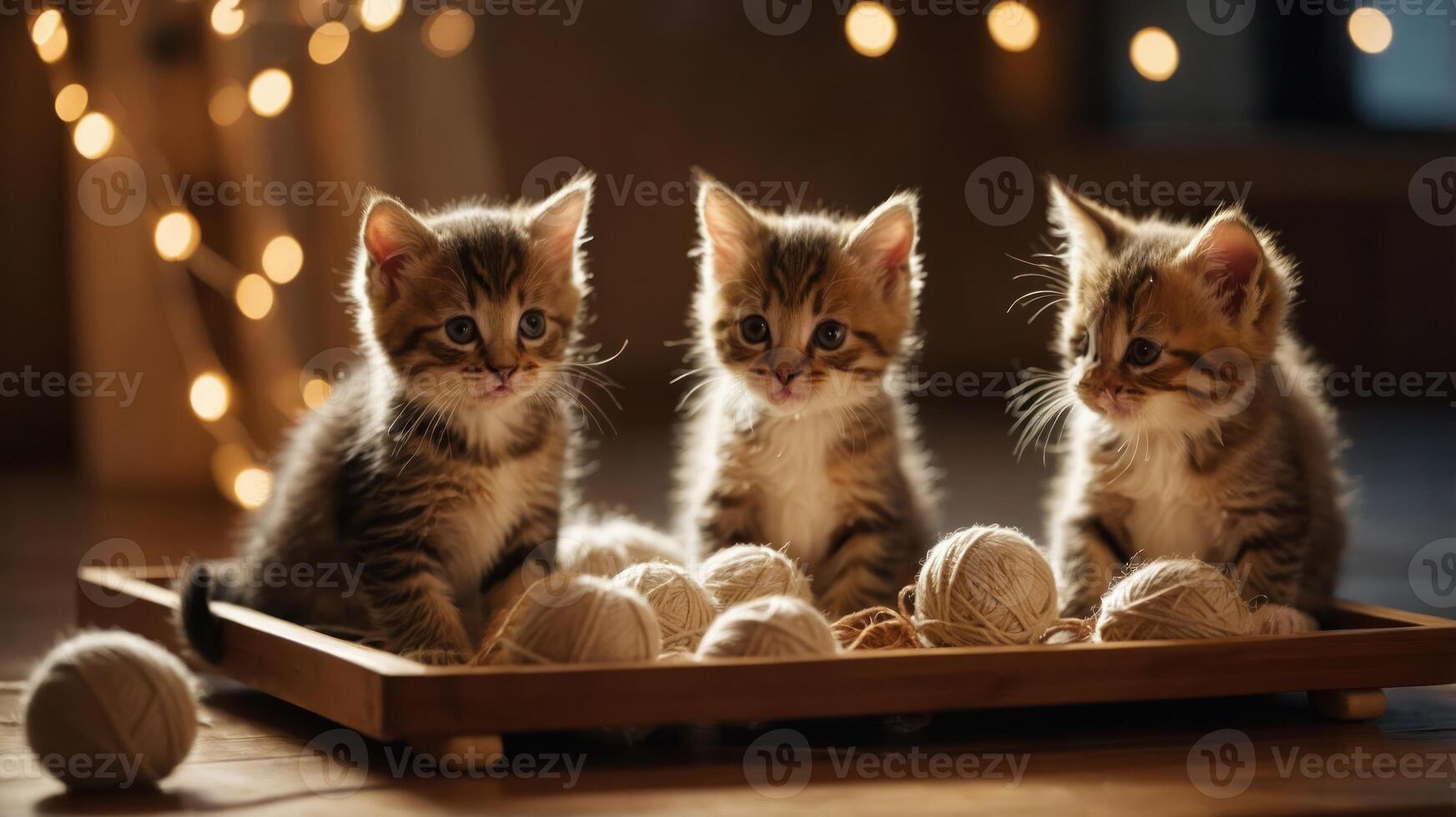 Three playful kittens surrounded by yarn balls, illuminated by soft lights. photo