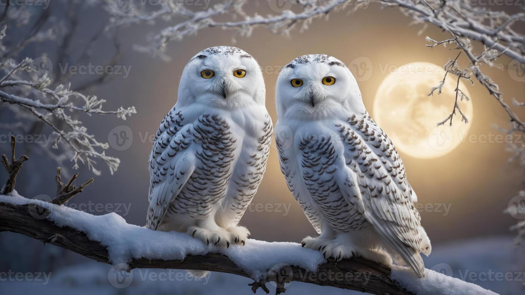 Two snowy owls perched on a snowy branch with a full moon in the background. photo