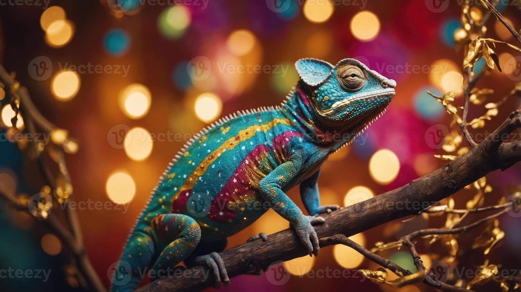 A vibrant chameleon perched on a branch against a colorful, bokeh background. photo