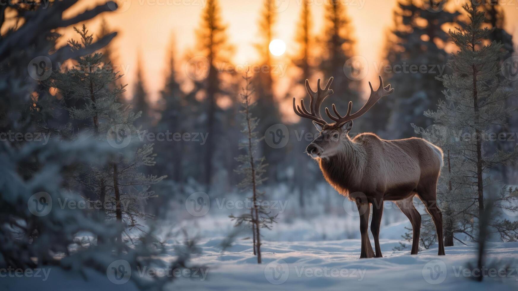 A majestic reindeer stands in a snowy forest at sunset, surrounded by pine trees. photo