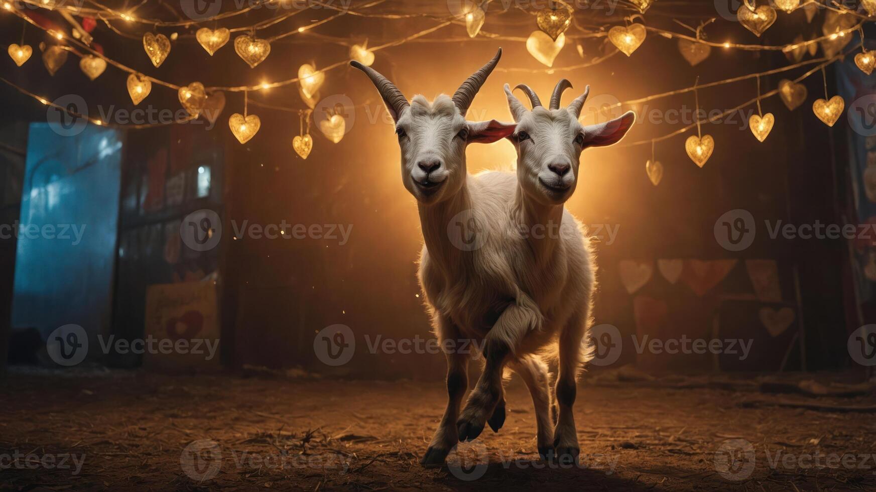 Two goats playfully running under heart-shaped lights in a dimly lit space. photo