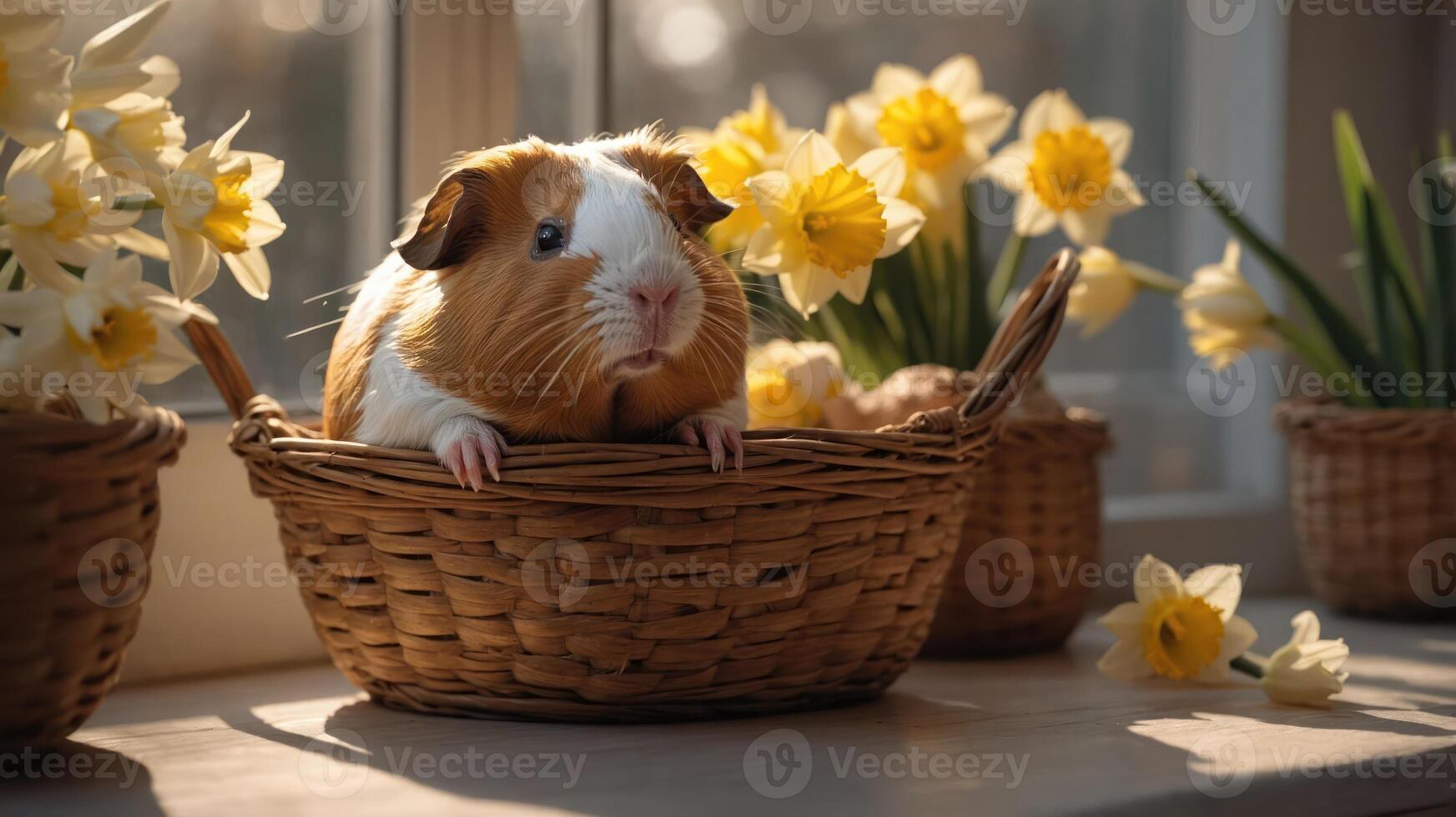 A guinea pig resting in a basket surrounded by blooming daffodils. photo