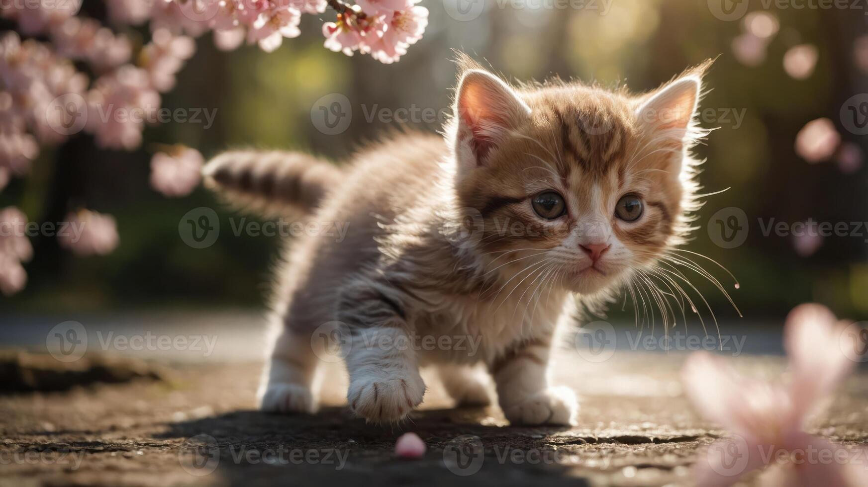 A playful kitten exploring under blooming cherry blossoms in soft sunlight. photo