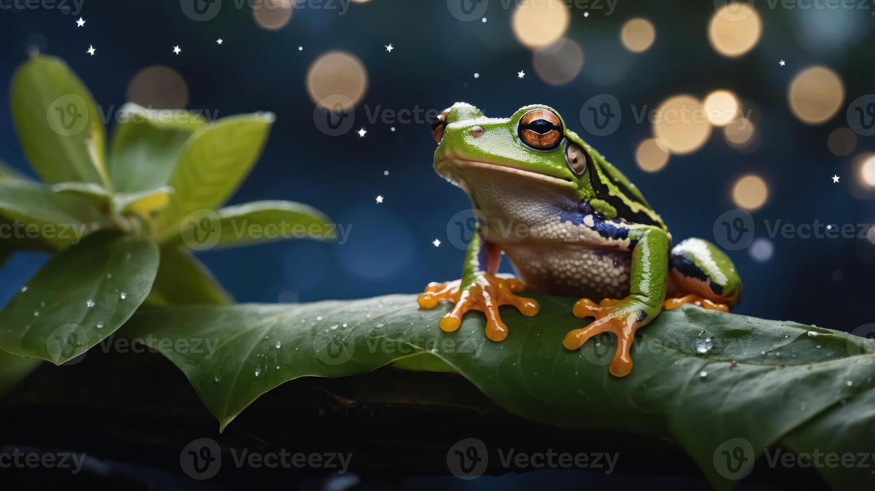 A vibrant frog perched on a leaf, surrounded by a dreamy, bokeh-lit background. photo