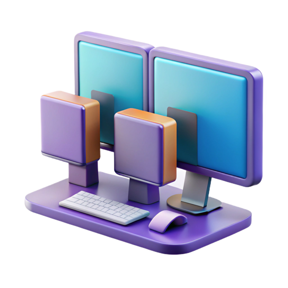 splendid playful modern Desktop computer with multiple monitors, NO BACKGROUND with Transparent Background. premium png