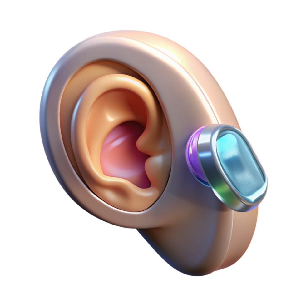 unforgettable modern Cybernetic ear implant with holographic display NO BACKGROUND with Transparent Background. high resolution png