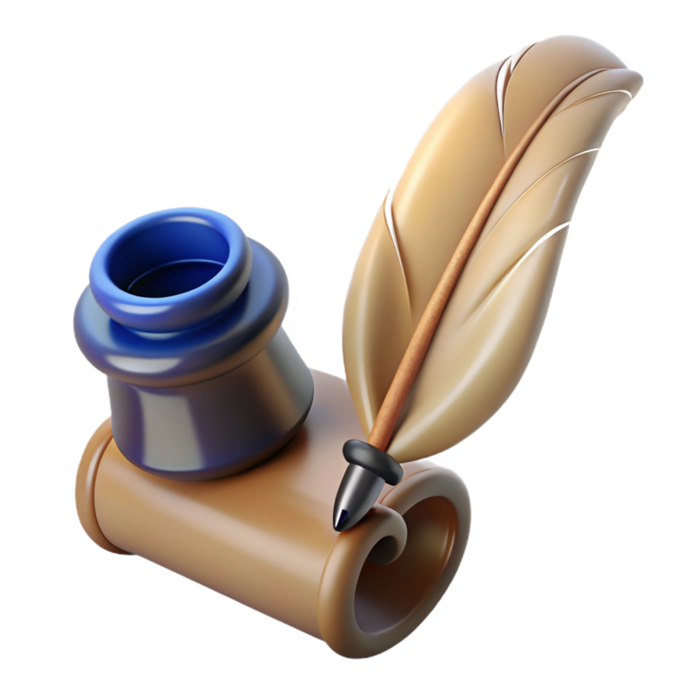 fascinating unparalleled Single feather pen, inkwell, parchment paper, NO BACKGROUND with Transparent Background. png