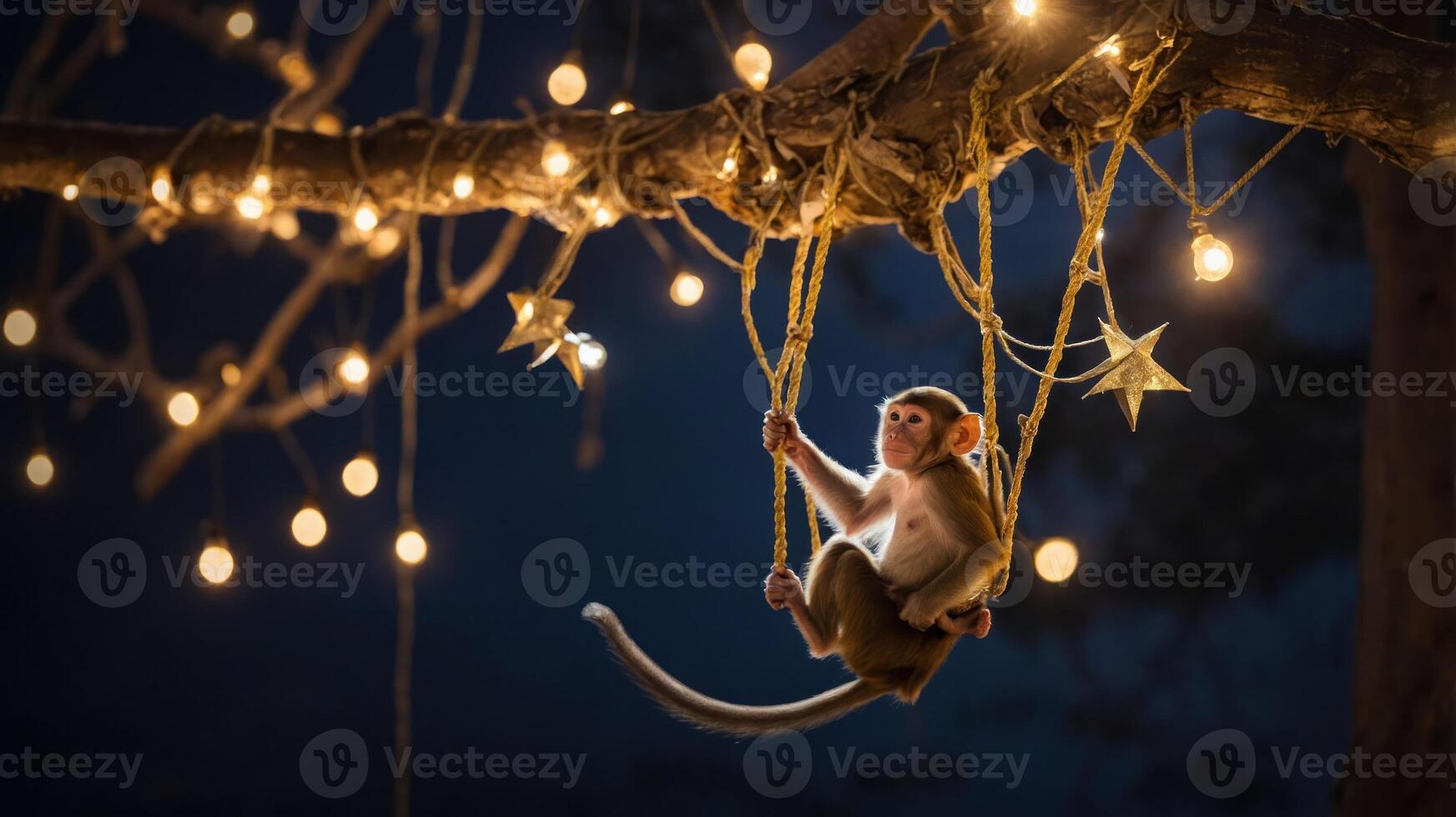 A monkey swings on a tree branch adorned with decorative lights and stars at night. photo