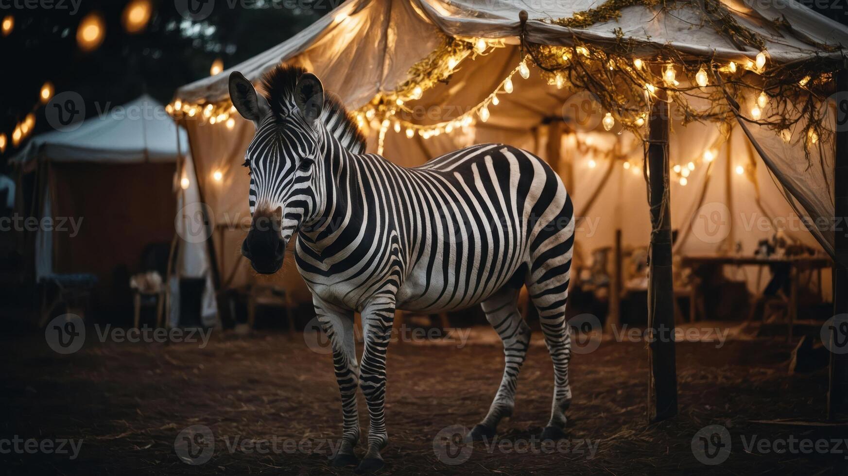 A zebra stands near a beautifully lit tent in a nighttime setting. photo