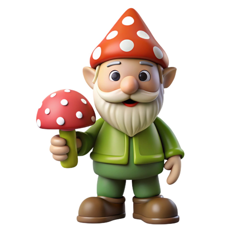 energetic picturesque A whimsical gnome, holding a toadstool. NO BACKGROUND with Transparent Background. 8K png