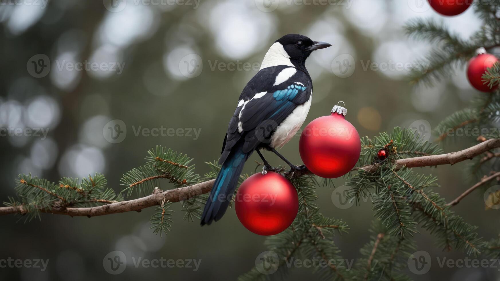 A magpie perched on a branch adorned with red Christmas ornaments. photo