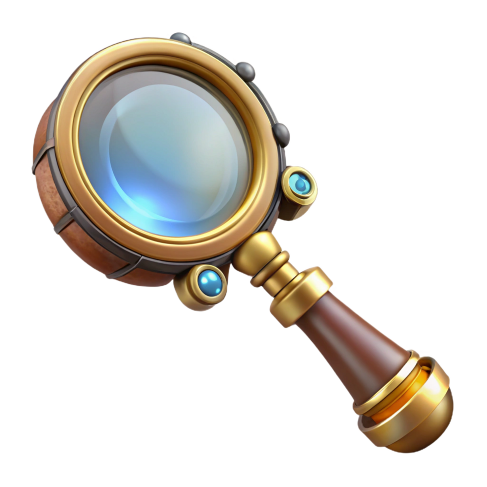 fascinating urban Steampunk magnifying glass with a brass handle and intricate details. NO BACKGROUND with Transparent Background. expertly shot png