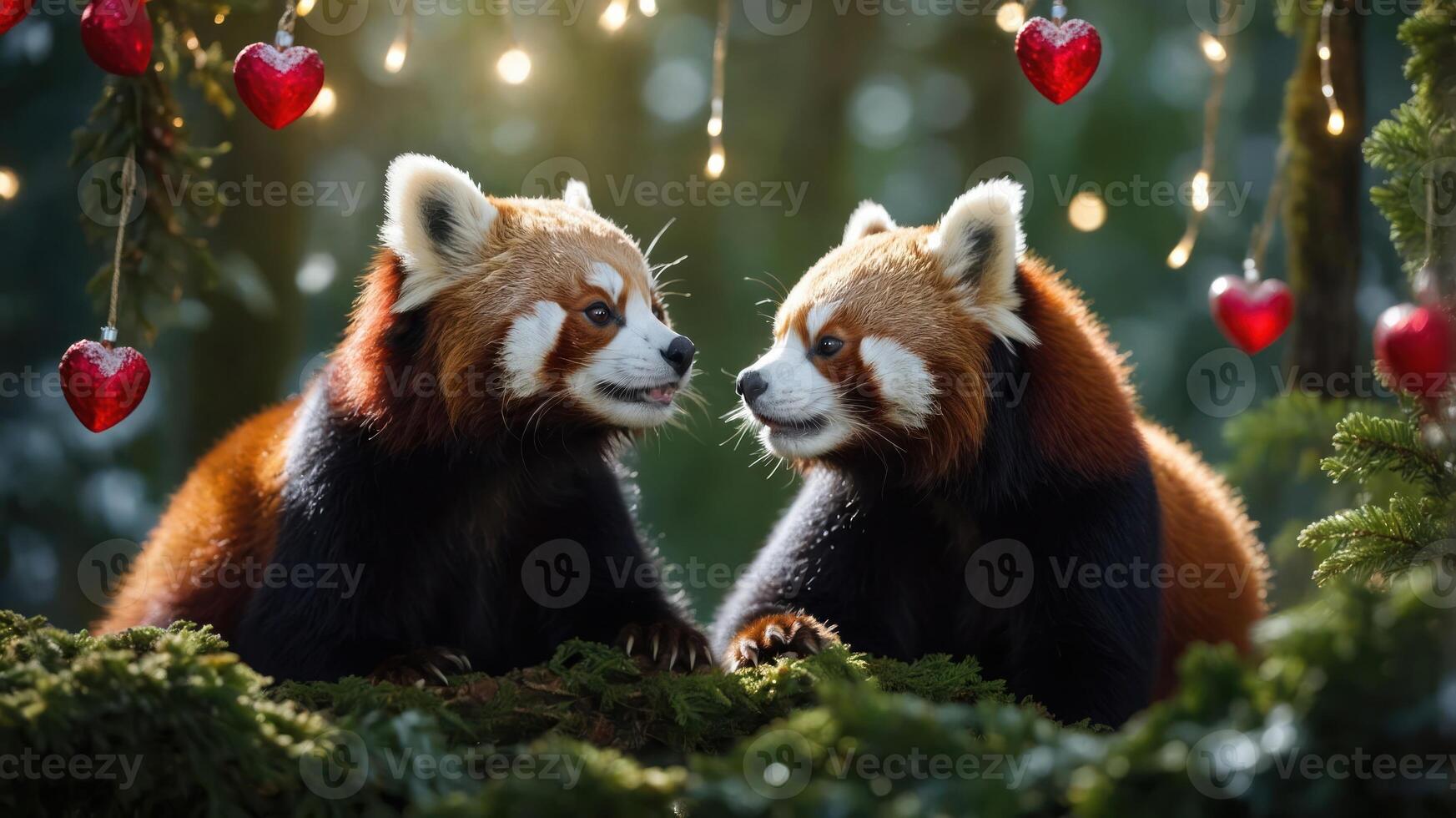 Two red pandas sit together amidst a festive, heart-adorned background. photo