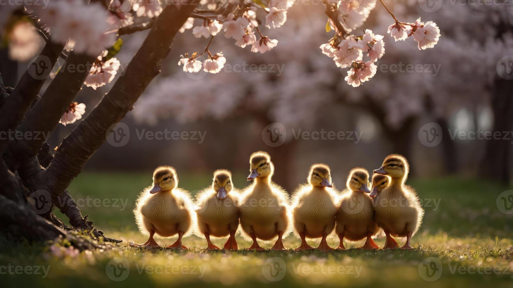 A group of ducklings standing in a sunlit park under blooming cherry blossom trees. photo