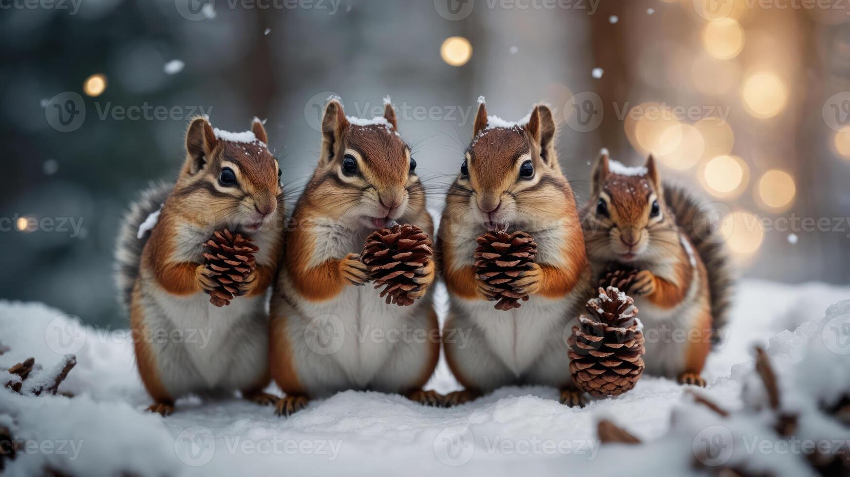 Four chipmunks holding pine cones in a snowy setting, creating a whimsical winter scene. photo
