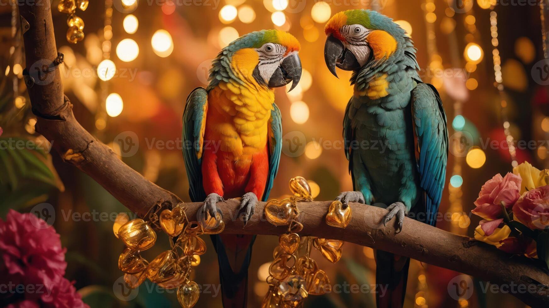 Two colorful parrots perched on a branch amidst a vibrant, festive backdrop. photo