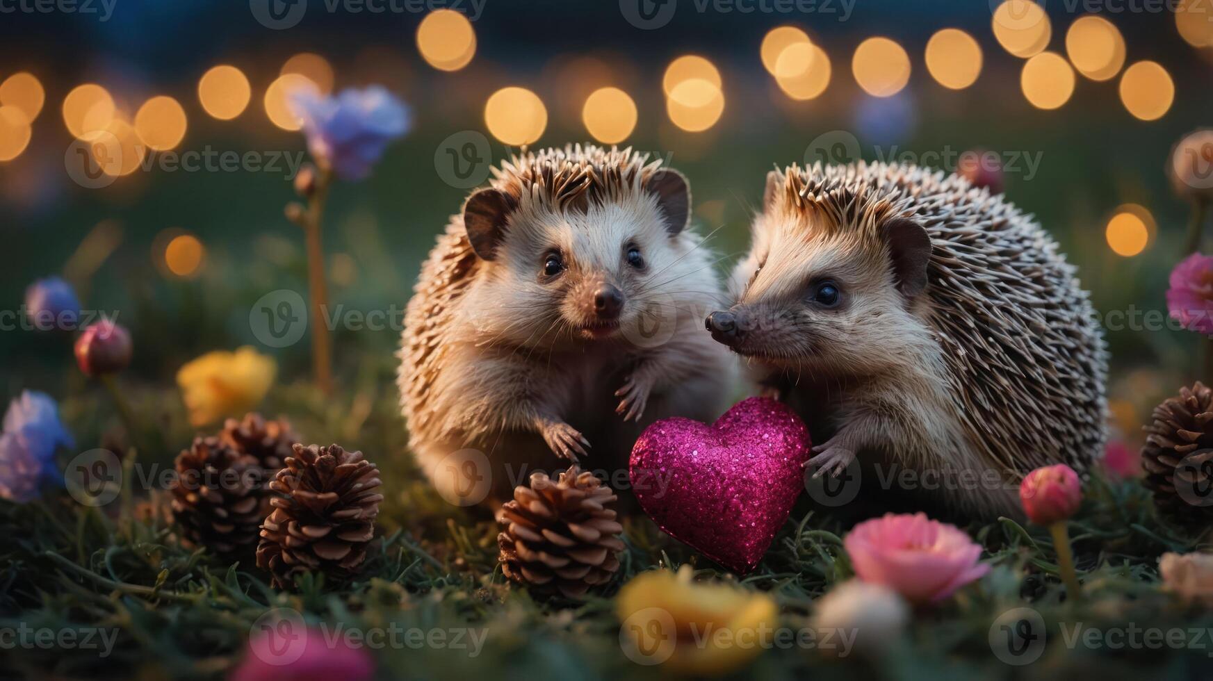 Two hedgehogs surrounded by flowers and pinecones, with a glittery heart between them. photo