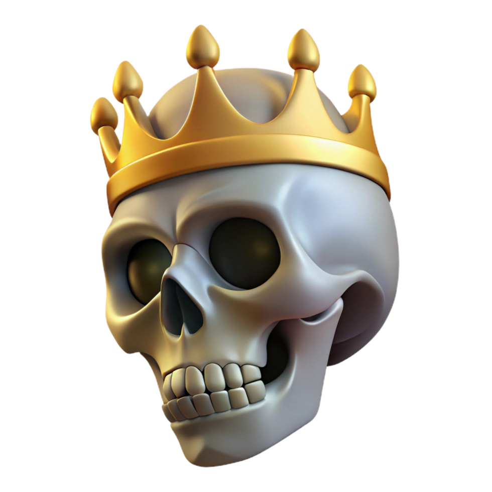 reflective sumptuous Realistic human skull, wearing a golden crown, NO BACKGROUND with Transparent Background. perfect clarity png