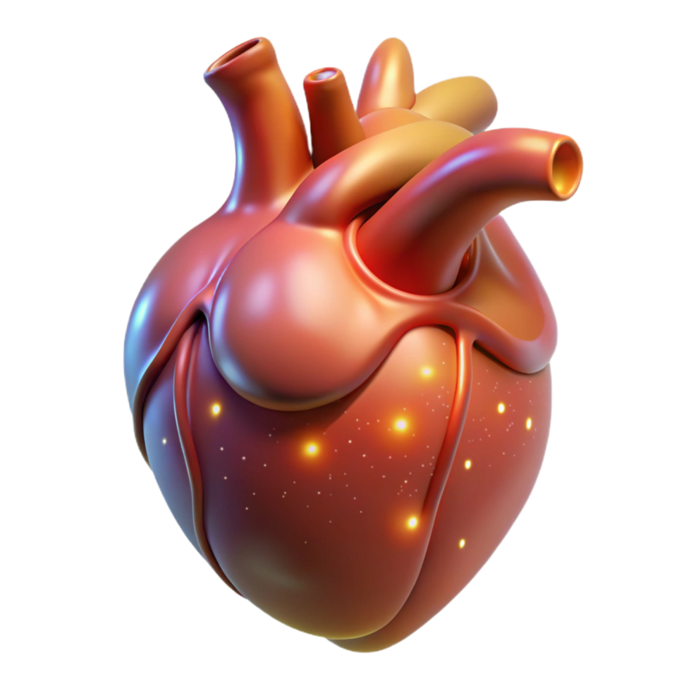 serene retro Realistic human heart, anatomical, glowing with magic, NO BACKGROUND with Transparent Background. professional png