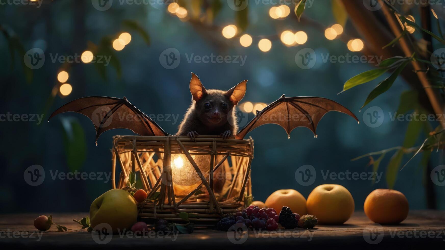 A bat with outstretched wings sits in a basket surrounded by fruits and soft lighting. photo