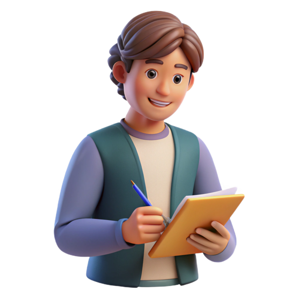 reflective extraordinary College student writing in notebook NO BACKGROUND with Transparent Background. 8K png