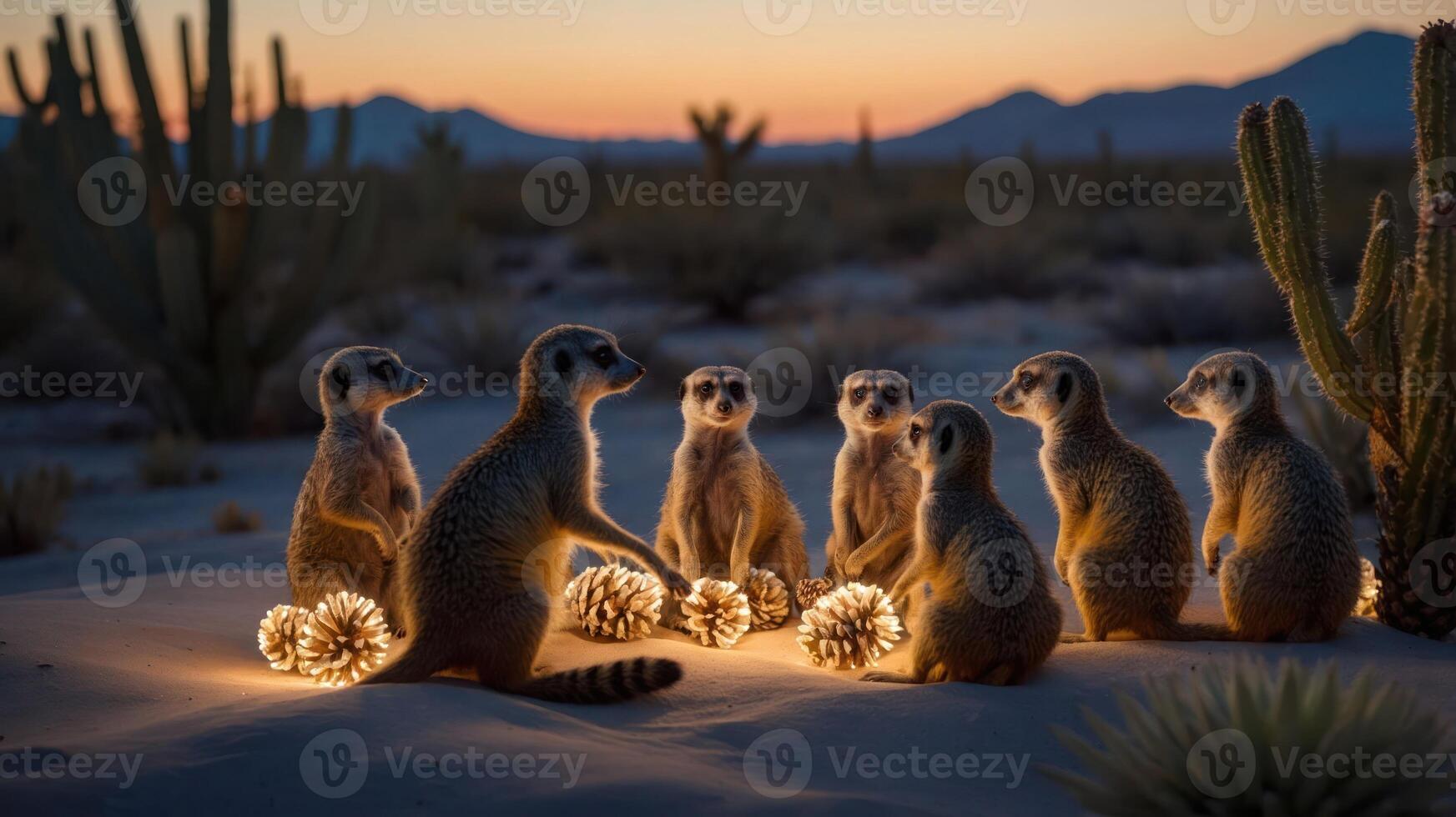 A group of meerkats gathered around glowing pinecones in a desert landscape at sunset. photo