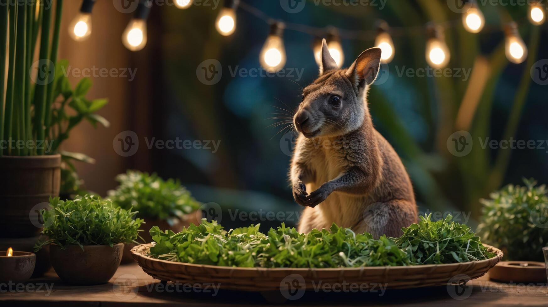A wallaby surrounded by fresh greens under warm string lights in a cozy setting. photo
